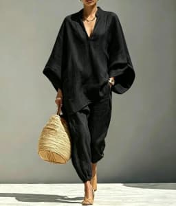 Women’s Summer Casual, Loose-Fitting, Solid-Colored, Deep V-Neck, Batwing Sleeves, Ankle-Cuffed, Nine-Inch Pants, Leisure Outfit