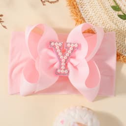 26 Letters Pink Big Bows Pearl Headbands for Baby Girls 5.98'' Wide Nylon Knotted Soft Elastic Hair Bands Wraps Headwear 1PCS