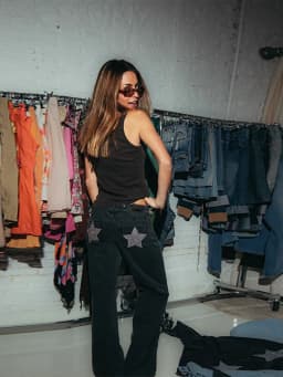 Classic Studded Denim Jeans Pant Women's Star Patchwork Baggy Pants Wide Leg Trendy Streetwear Casual Daily Female Trousers