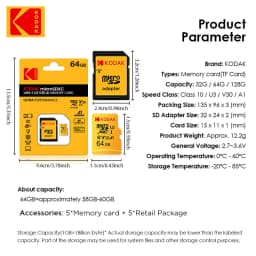 5pcs/lot KODAK 100% Original Micro SD Card 64GB Microsd Memory Card Class10 SDXC U3 4K TF Card