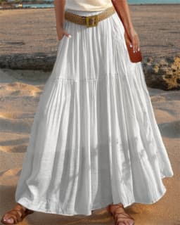 2026 Belted Hem A-line Solid Color Elastic Waist Skirt Women's Summer New Beach Vacation Commuting Camping All-match Long Skirt