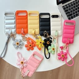Cartoon Sunflower Down Jacket Lanyard Phone Case for Google Pixel 5 6 7 8 9 10 Pro 9A 7A 6A 5A Hand Wrist Strap Soft TPU Cover