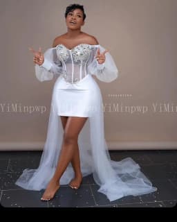 White Wedding Dresses for Bride Corset Off Shoulder Long Sleeve Africa Nigeria Tulle Bridal Shower Photoshoot Dress Customized