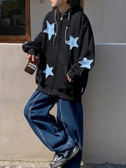 Men's Star Patch Zip Up Hoodie for Men Oversized Y2k Sweatshirt Jacket E-Girl 90s Pullover Streetwear