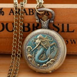 1Pcs Exquisite Mermaid Pattern Design Pocket Watch with Necklace Pendant -Quartz Movement, Elegant Jewelry Gift for Women Girls