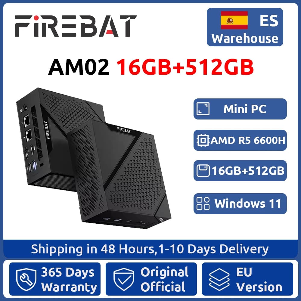 FIREBAT MINI PC AM02 Ryzen 5 6600H 16GB DDR5 512GB SSD Windows 11 WIFI6 BT5.2 Compact Desktop Computer Network Port HDMI