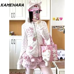 KAMEHARA Y2K Aesthetic Cute Devil Hooded Jacket Sweet E-girls Japan Kawaii Horned Zip-Up Hoodie Pink Star Print Cartoon Star Top