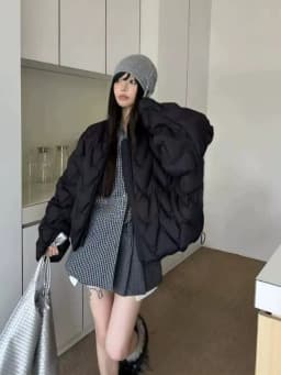 Winter Puff Fluffy Ripple Pattern Down Jacket Women White Duck Down Double Zipper Outwears Female Round Neck Warm Parker Jacket