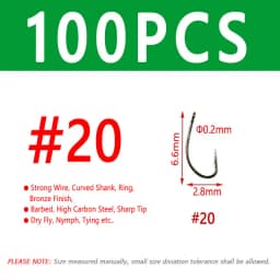 100/200PCS #12 ~ #22 Fly Fishing Dry Fly Hook Standard Wire Bronzed Nymph Curved Hook Small Fly Lures Tying Material