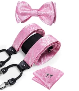 Adjustable Slive Paisley Suspender Self-tie Bowtie Pocket Square Cufflinks Set Luxury 6 Clips Mental Elastic Classic straps