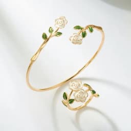 Retro Red Rose Flower Bracelet Ring Set For Women Vintage Drip Oil Open Adjustable Cuff Bangle Finger Ring Party Wedding Jewelry
