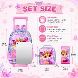3Pcs Rolling Backpack for Girls, Kids Roller School Backpack with Wheels, Fox Wheeled Bookbag for Elementary Preschool Kindergar