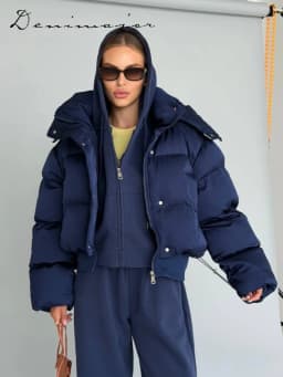  Fashion Solid Cropped Padded Coats Women Detachable Hood Zip Drawstring Hem Warm Jacket 2026 Winter New Lady Casual Outerwear