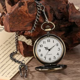 Antique Red Wood Decorated Half Hunter Bronze Quartz Pocket Watch Fob Chain Pendant Pocket Clock Vintage Timepiece Gift Male