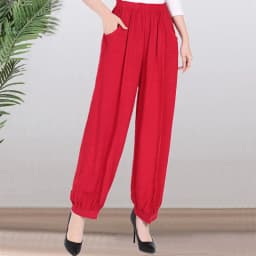 High Waist Lantern Pants Casual Cotton Silk Large Size Printed Long Trousers for Middle-Aged And Elderly Women
