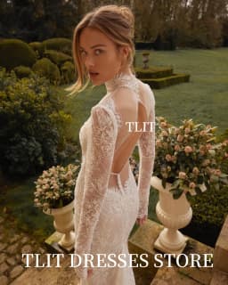 TLIT Luxurious Lace Mermaid Wedding Dresses Customized Long O-Neck فساتين زفاف Long Lace Sleeve Backless Bridal Gowns