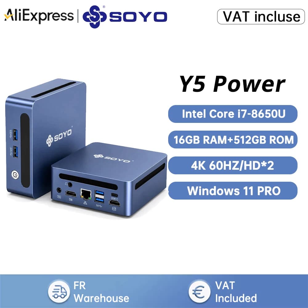 SOYO Y5 Power Mini PC Intel Core i7-8650U CPU(8M high-speed cache, up to 4.20 GHz) LPDDR4 16GB RAM 512GB M.2 SSD 4K Triple Display WIF5/BT5.0 Mini Computers