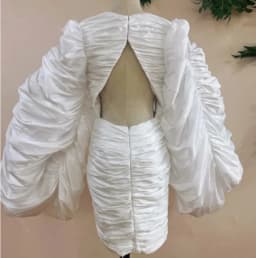 Elegant White Ruched Mini Evening Gown Deep V Oversized Puffy Sleeve Back Hollow Short Bridal Dress Civil Wedding Photo Outfit