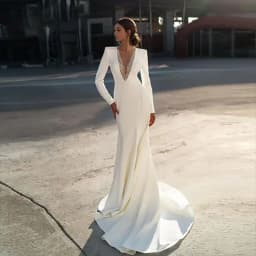 Customized Elegant White Shiny Beaded V Neck Mermaid Satin Wedding Dresses 2026 Long Sleeve Sweep Train Tulle Zipper Bridal Gown