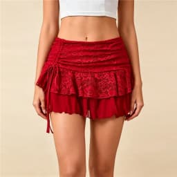 Women Floral Lace Ruffle Mini Skirt Side Drawstring Ruched High Waist Tiered Mesh Skirt Solid Color Y2K Casual Streetwear