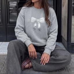 Bow Casual Loose Fit Hoodie with Regular Sleeve Standard Length Single Pullover No Hood Sweatshirt Round Neck Women Sweatshirt