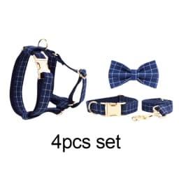 Dark Blue Check Dog Collar Leashes Harness Bow Set Grid 02
