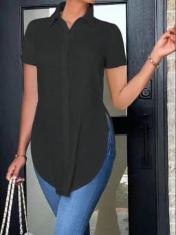 Women's Short Sleeve Button Down Shirt with Lapel Collar and Side Split Hem Casual Office Blouse