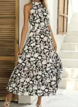 Women's Halter Neck Maxi Dress - Floral Print Boho Chic Smocked Waist Summer Beach Dress for Vacation Casual Wear
