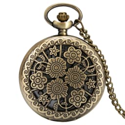Vintage Bronze Flowers Quartz Analog Pocket Watch Gift Men Women Necklace Pendant Pocket Clock Arabic Numerals Dial Retro Watch