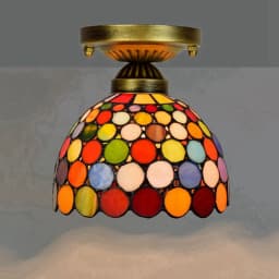 European Stained Glass Ceiling Light - Handcrafted Floral Rose Mosaic, Antique 8Inch Wide Flush Mount for Dining Room/Library