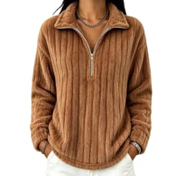 Women's Autumn Winter Turn Collar Ribbed Fleece-lined Warm Zip-up Long-sleeved Sweatshirt