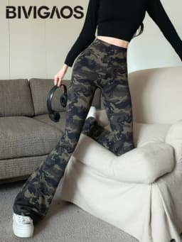 BIVIGAOS 2026 Spring New Camouflage Micro Flared Leggings Women High Waist Slim Fit Fashion Camo Sport Yoga Elastic Flared Pants