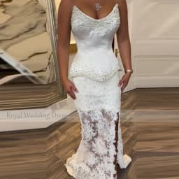 Two Piece Ivory Satin Mermaid Wedding Dress Strapless Beading Floor Length Wedding Gowns for Brides Hem Lace Bridal Gown