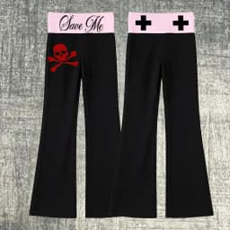 Y2K Women Low Rise Flare Pants Red Fold Waist Gothic Bell Bottom Sweatpants Emo Alt Dark Casual Streetwear Long Trousers