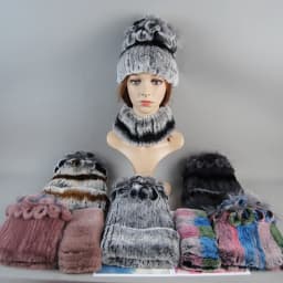 Real Rex Rabbit Fur Hat And Scarf Set Women Winter Knitted Beanie Hat Natural Fur Skullies Beanies Woman Hat Female Cap Elastic