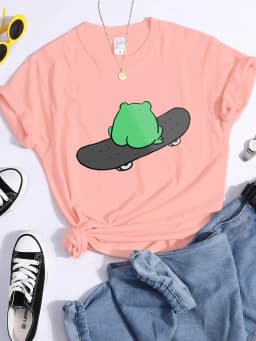 Frog On Skateboard Back View Metal T Shirt Women Summer Casual Tshirt Fashion Street Crop Top Hip Hop Personality Tshirt Womens