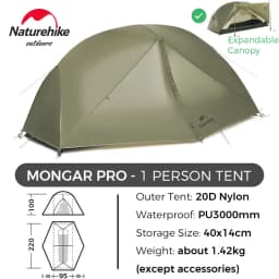 Naturehike Mongar 2 UL/PRO 1-2 Person Backpacking Tent Nylon Waterproof Ultralight Travel Trekking Shelter Tent with Footprint