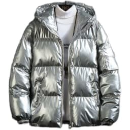 Men's Short Thickened down Cotton Jacket Silver Shiny Surface Autumn Winter Hooded Couple Trendy Bread Coat Male Fashionable ...