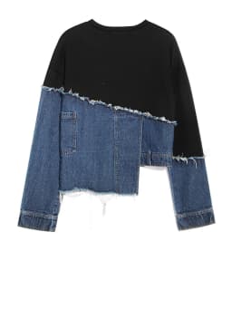 [EAM] Loose Fit Denim Burr Split Asymmetrical Sweatshirt New Round Neck Long Sleeve Women Big Size Fashion Spring 2026 1M87901