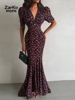 Elegant Women's Floral Printed Dress Slim V Neck Short Sleeve Waist Cinching Long Fishtail Dresses 2026 Summer Lady Party Robes