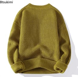 2026 Autumn Winter Men Pullovers Sweaters Knitted Top Round Neck Coarse Needle Full Sleeve Sweaters Solid Casual Loose Pullovers