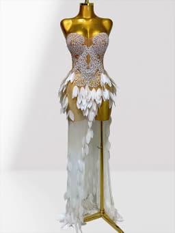 White Acrylic Feathers Mesh Sheer Strapless Long Dress Woman Birthday Party Wedding Party Dress Stage Performance Costume
