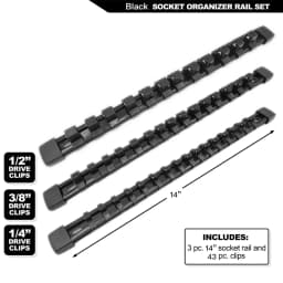 ABS Socket Organizer 1/2 inch 3/8 inch and 1/4 Clip Drive Socket Rail Holders Heavy Duty Socket Racks with Red Blue Black Clips