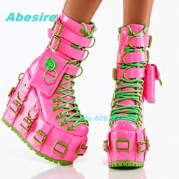 Buckle Mixed Color Patchwork Ankle Boots Round Toe Platform Wedges Thick Heels Women's Boots Cross Tied Pocket Decoration Shoes