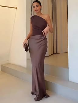 Elegant One-Shoulder Patchwork Satin Maxi Dress Women Sleeveless Ruched Slim Long Dresses 2026 Wedding Guest Evening Party Robes