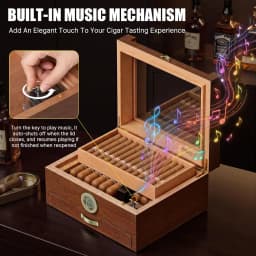 Cigar Humidor with Built-in Music Box System and Cedar Wood Tray-Transparent Top Desktop Humidor,Digital Hygrometer & Humidifier