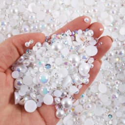 1100Pcs Flat Back Pearls And Rhinestones, 30g Mixed Size 3mm-10mm Ab Color Resin Rhinestones Semi-Circular Pearl