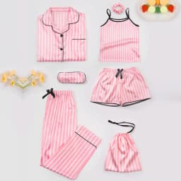 Kids Silk Like Striped Pajama Set 7 Piece Homewear All Season Wear Comfortable Sleepwear Outfit Girl Clothes