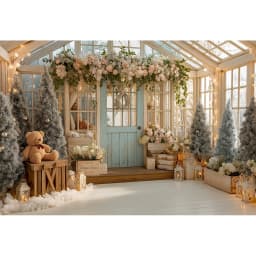 White House With Christmas Tree and Little Bear Photography Backdrop Kids Baby Cake Smash Photocall Studio Backgrounds