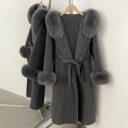 OFTBUY New Winter Warm Hood Solid Woolen Overcoat for Women Long Wool Blend Coat Women Real Fox Fur Belted Waist Jacket Female